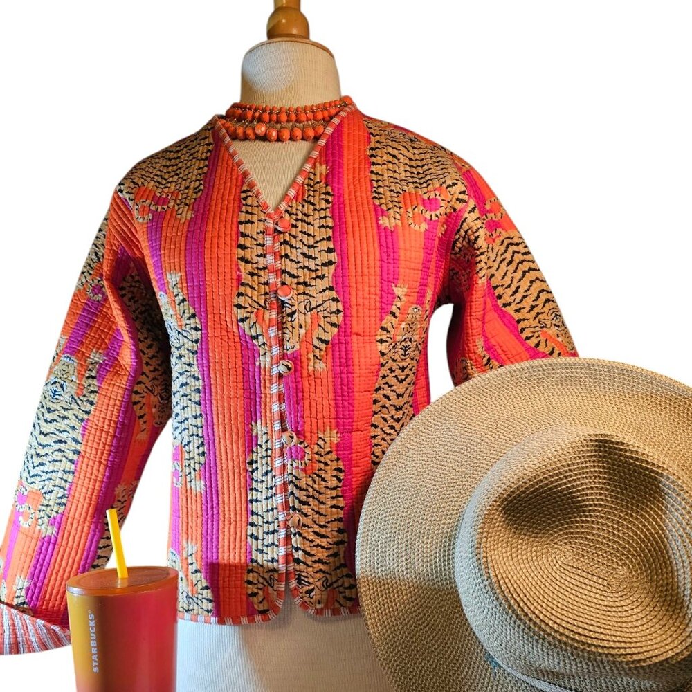 Artisan-made quilted Tiger jacket, reversible, 100 % cotton, ships from USA,